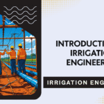 Irrigation canal flowing through agricultural fields with modern irrigation infrastructure and green crops