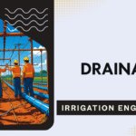Field drainage system with open ditches and pipes removing excess water from farmland