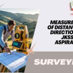 Illustration showing methods of measuring distance and direction in surveying, including chain, tape, compass, and theodolite used in fieldwork