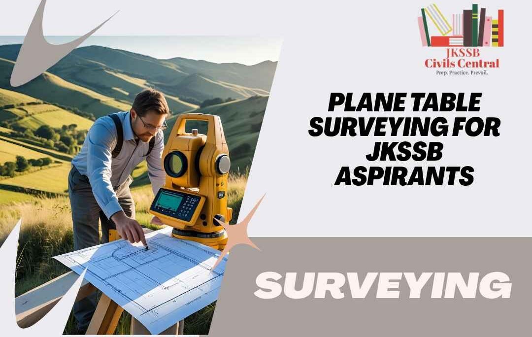 Plane table surveying setup showing instruments like alidade, tripod, and drawing sheet.