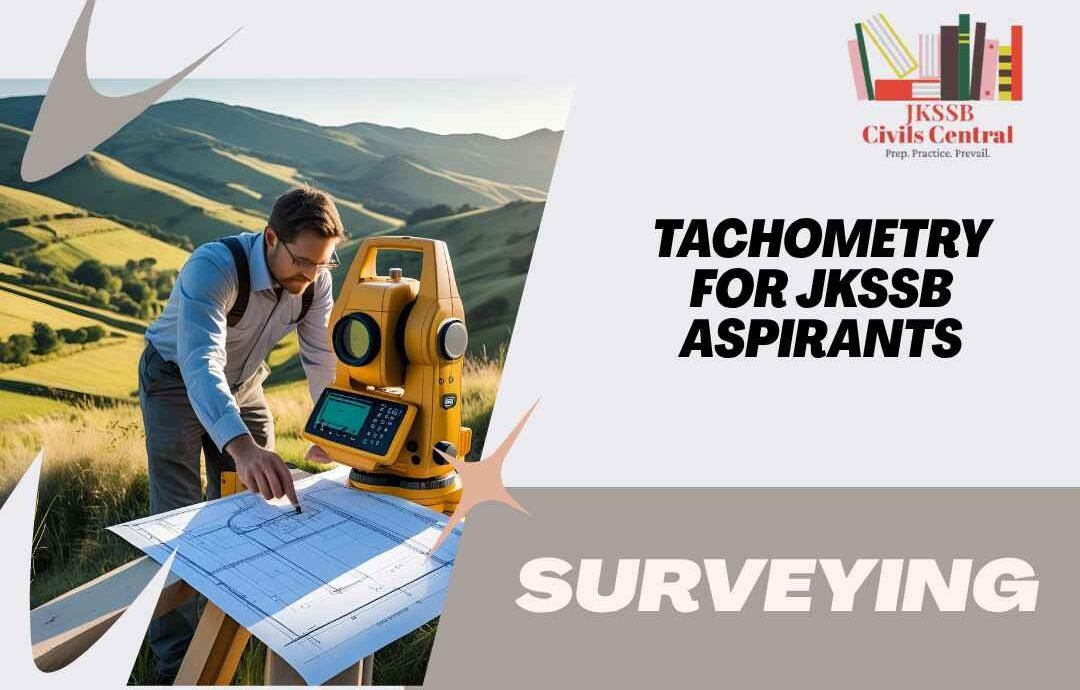 Tachometry setup in surveying showing theodolite and staff used to measure distance and elevation in uneven terrain